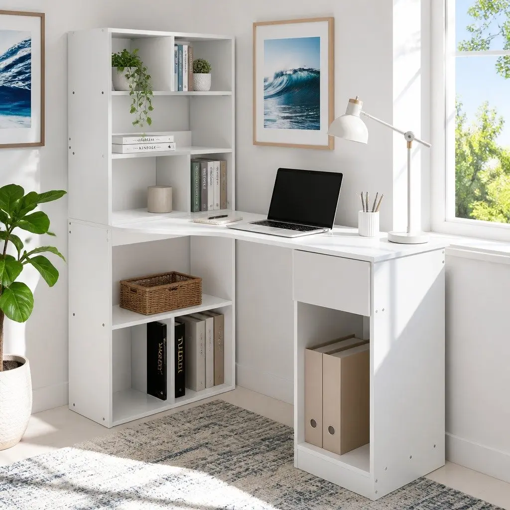 White Computer Desk with 5-Tier Bookshelf Storage 120cm