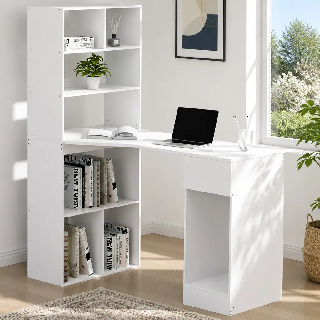 White Computer Desk with 5-Tier Bookshelf Storage 120cm