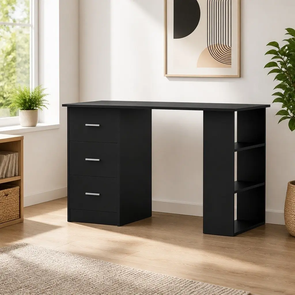 Computer Desk Black 120cm Particle Board with Drawers and Shelves