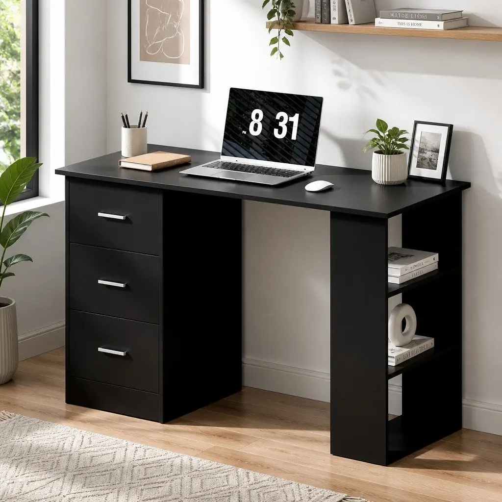 Computer Desk Black 120cm Particle Board with Drawers and Shelves
