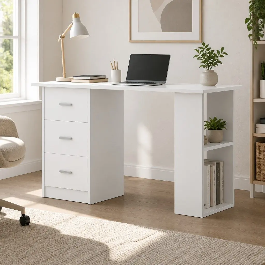White Computer Desk 120cm with Drawers Shelves Storage Office Workstation