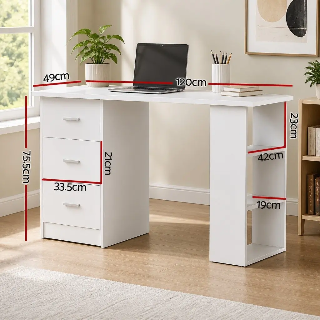White Computer Desk 120cm with Drawers Shelves Storage Office Workstation