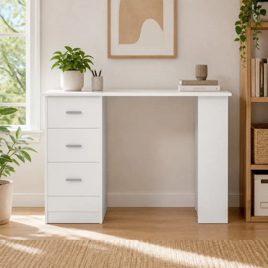 White Computer Desk 120cm with Drawers Shelves Storage Office Workstation