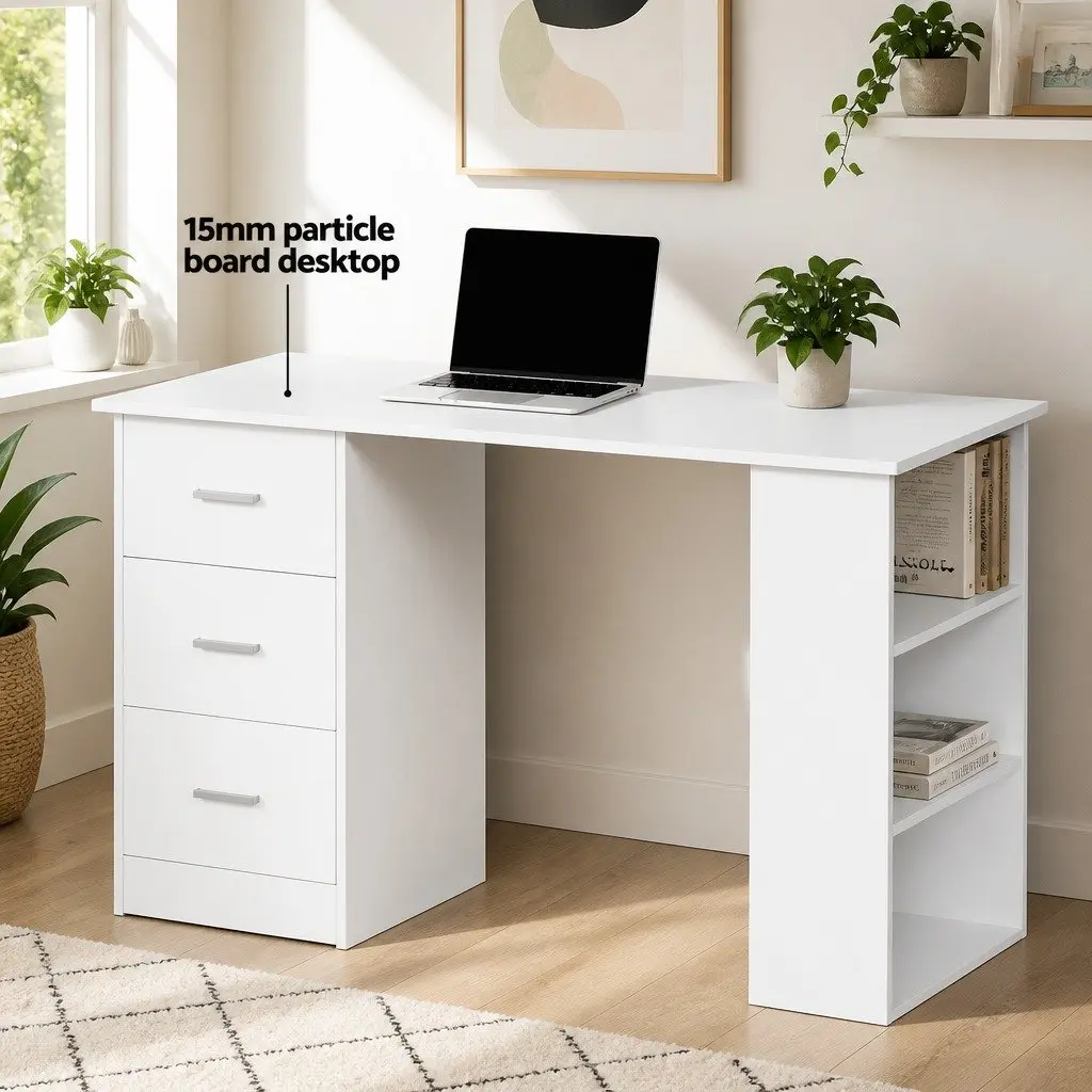 White Computer Desk 120cm with Drawers Shelves Storage Office Workstation