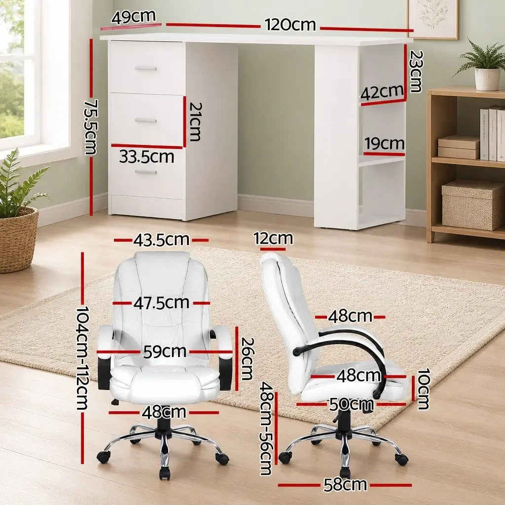 Computer Desk Office Chair Set White 120cm Particle Board PU Faux Leather