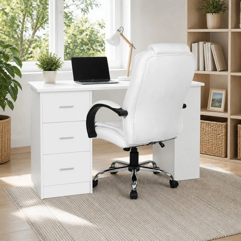 Computer Desk Office Chair Set White 120cm Particle Board PU Faux Leather