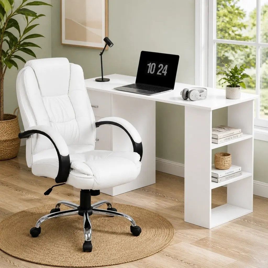 Computer Desk Office Chair Set White 120cm Particle Board PU Faux Leather