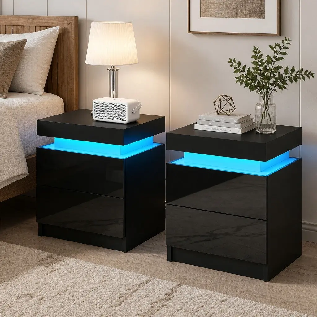 Black Bedside Table with LED Lighting