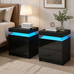 Modern Black Bedside Table with LED Lighting