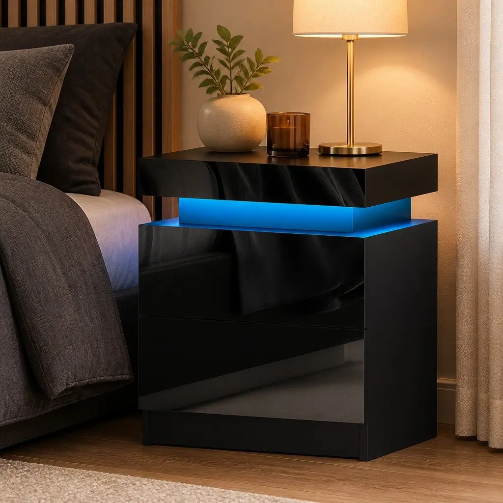 Black Bedside Table with LED Lighting