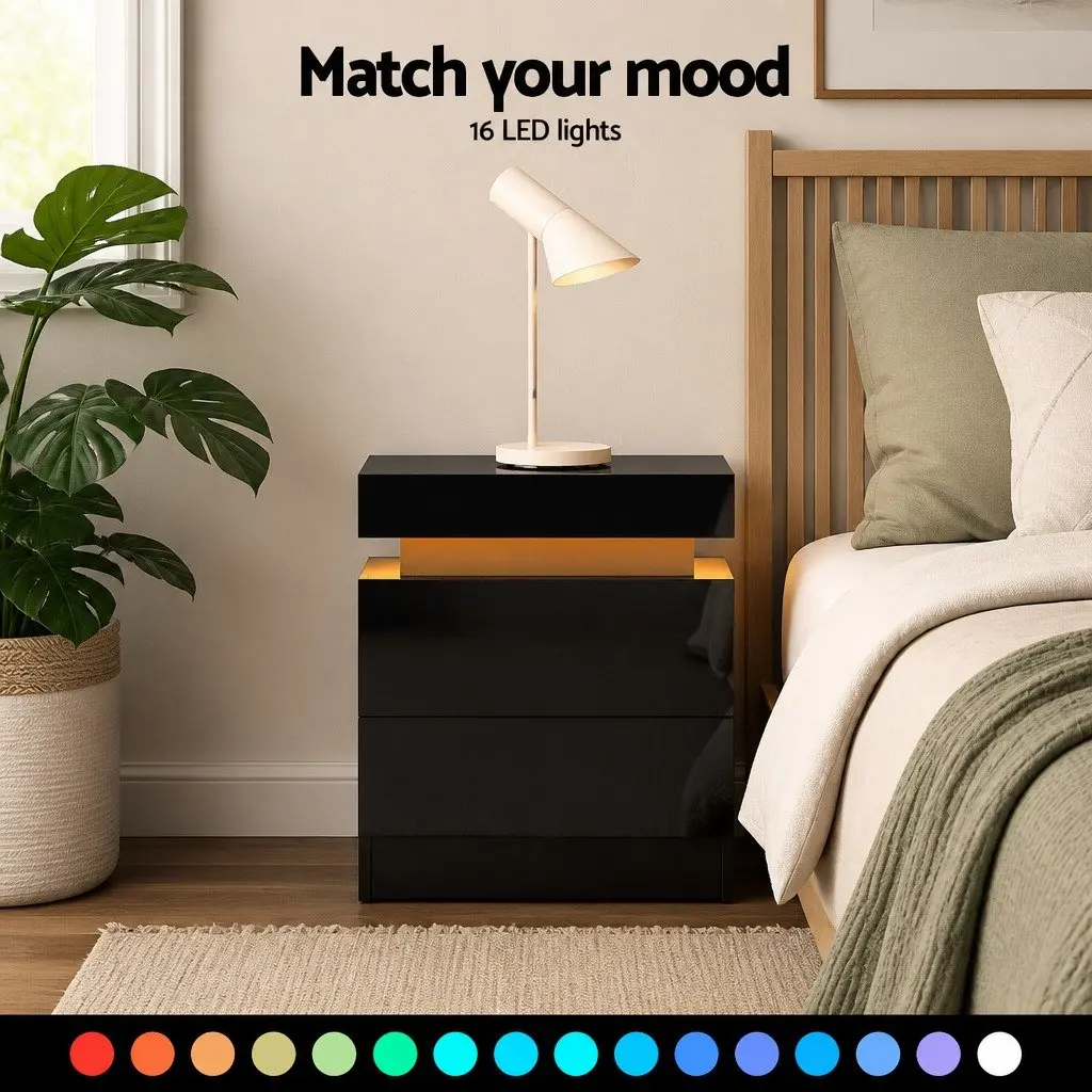 Black Bedside Table with LED Lighting