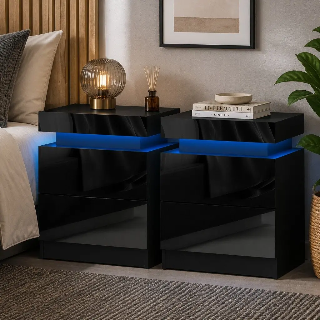 Black Bedside Table with LED Lighting