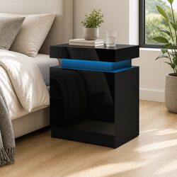 Modern Black Bedside Table with LED Lighting and Storage