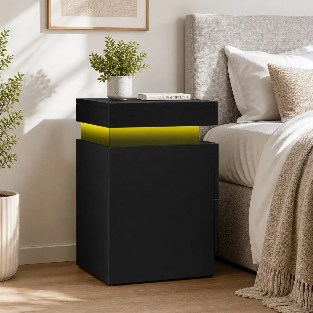 Black Bedside Table with LED Lighting and Storage