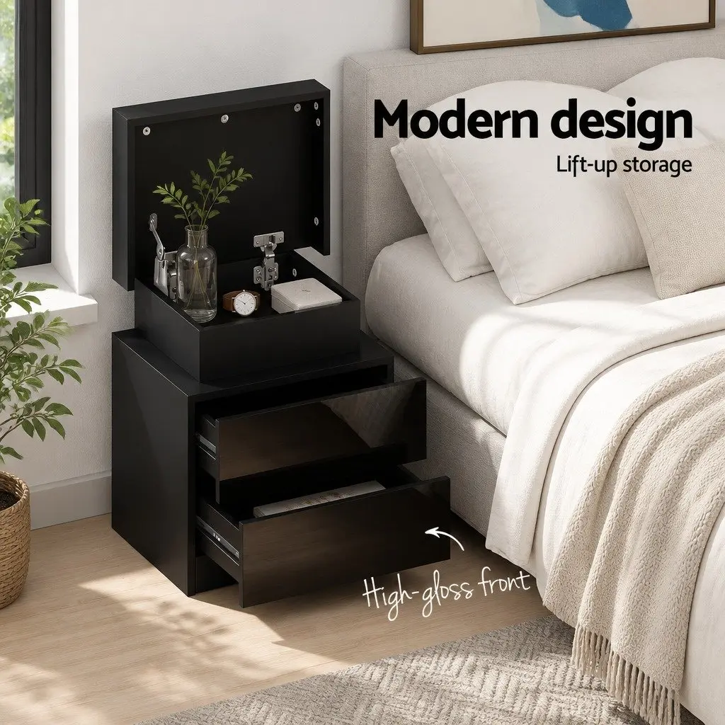 Black Bedside Table with LED Lighting and Storage