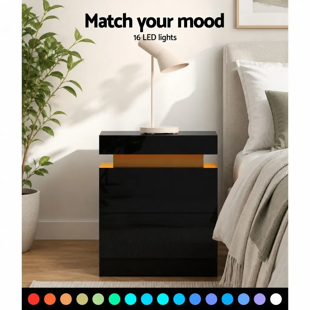 Black Bedside Table with LED Lighting and Storage