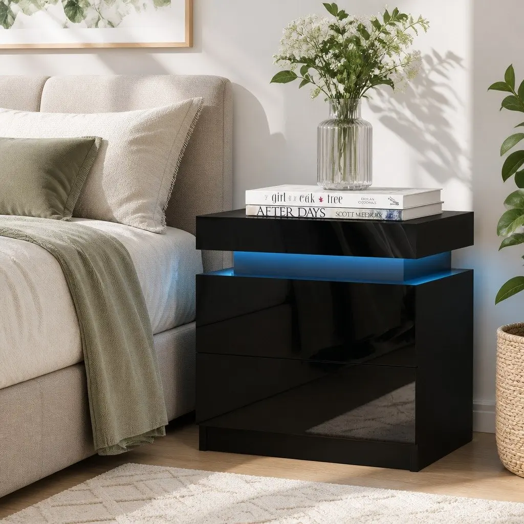 Black Bedside Table with LED Lighting and Storage