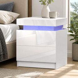 Stylish White Bedside Table with LED Lights and Storage