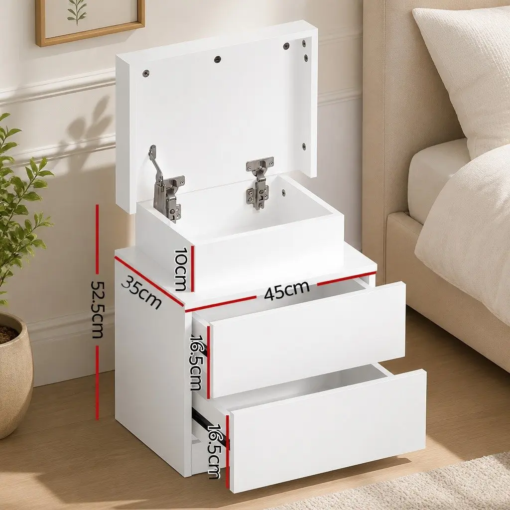 Bedside Table Modern White with LED Lights 2 Drawers Lift-up Storage Particle Board and MDF