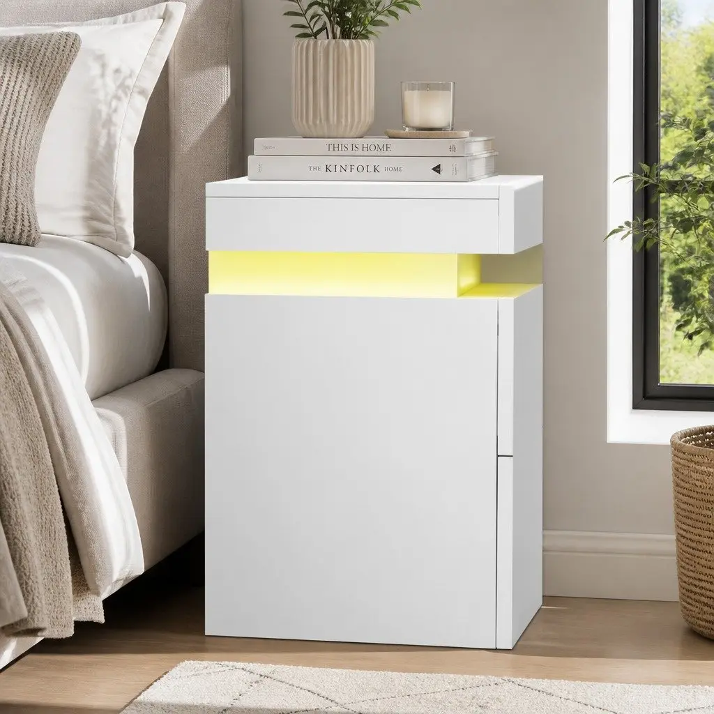 Bedside Table Modern White with LED Lights 2 Drawers Lift-up Storage Particle Board and MDF