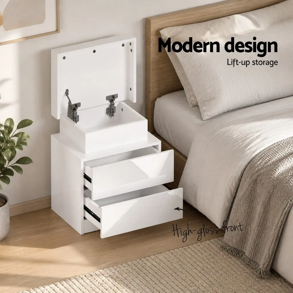 Bedside Table Modern White with LED Lights 2 Drawers Lift-up Storage Particle Board and MDF