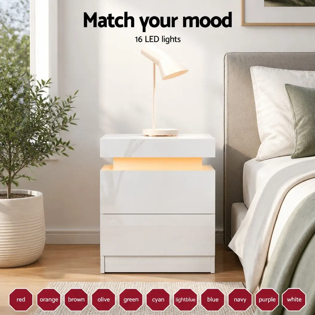 Bedside Table Modern White with LED Lights 2 Drawers Lift-up Storage Particle Board and MDF