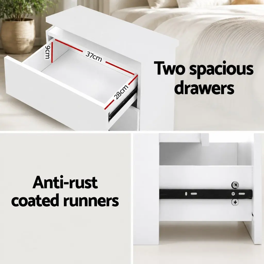 Bedside Table Modern White with LED Lights 2 Drawers Lift-up Storage Particle Board and MDF