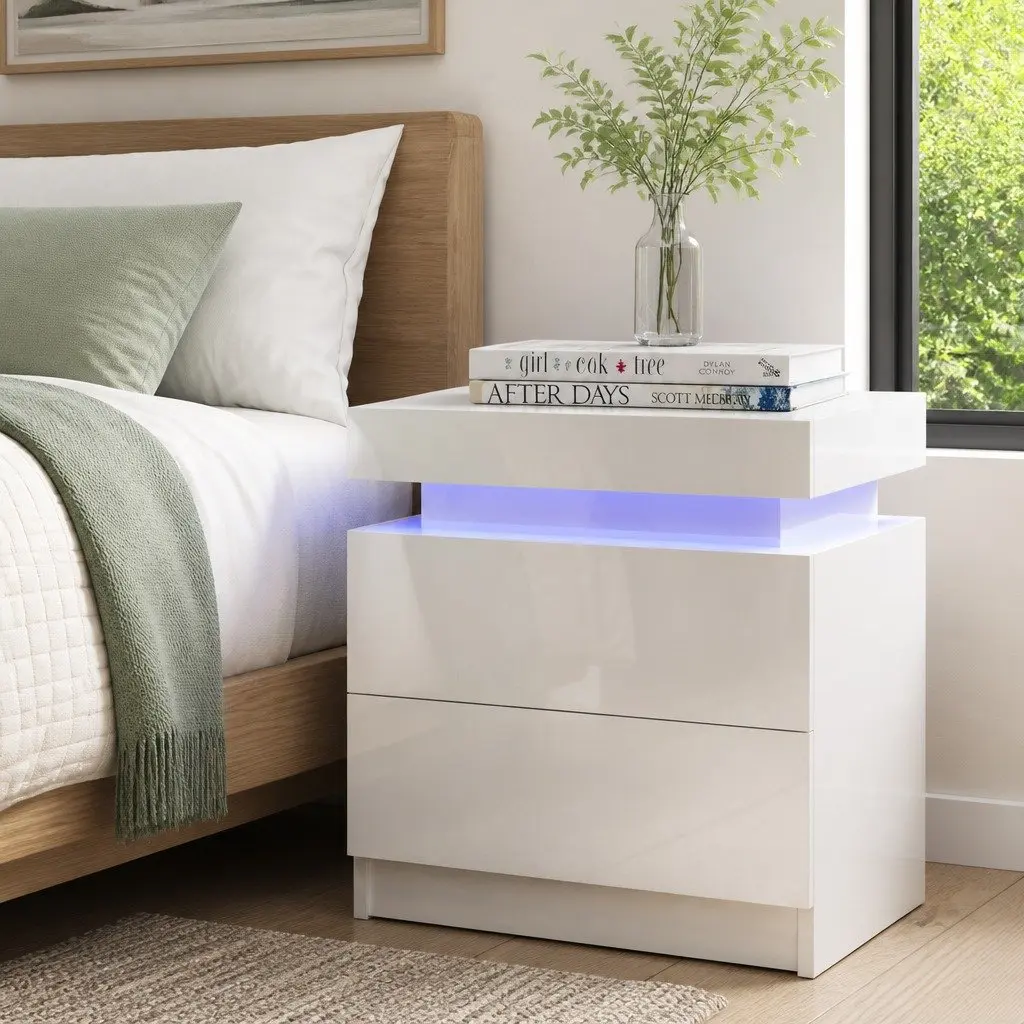 Bedside Table Modern White with LED Lights 2 Drawers Lift-up Storage Particle Board and MDF