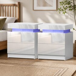 Modern White Bedside Table with LED Storage and Drawers