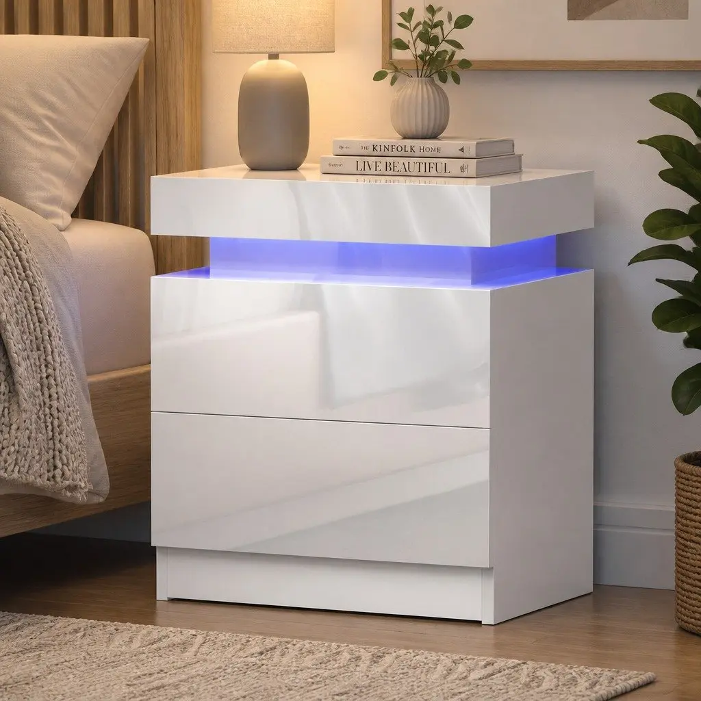 White Bedside Table with LED Storage and Drawers