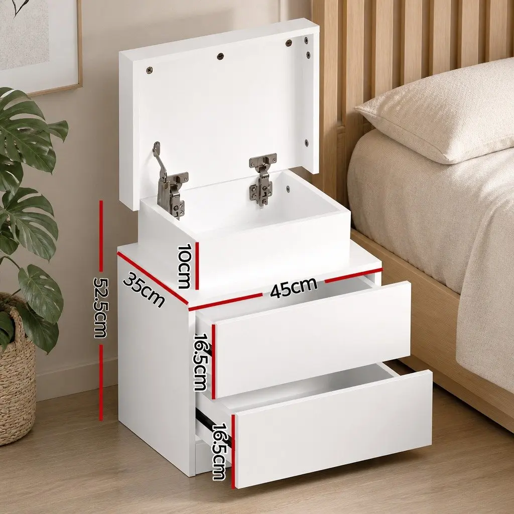 White Bedside Table with LED Storage and Drawers