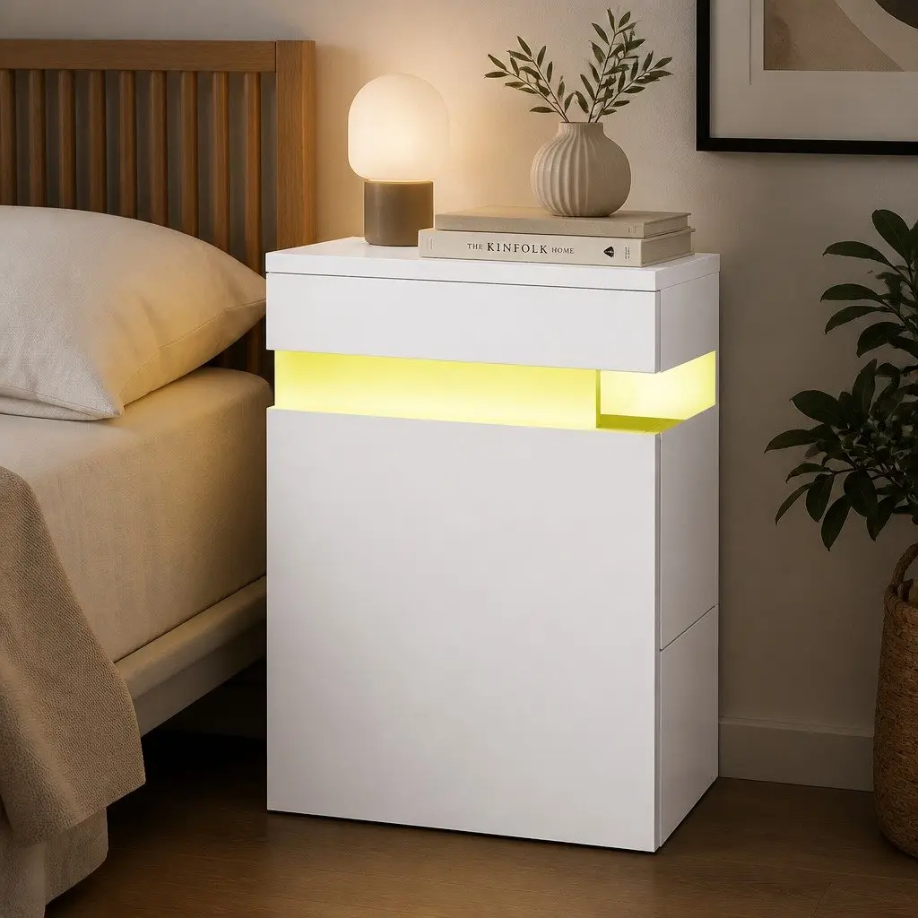 White Bedside Table with LED Storage and Drawers