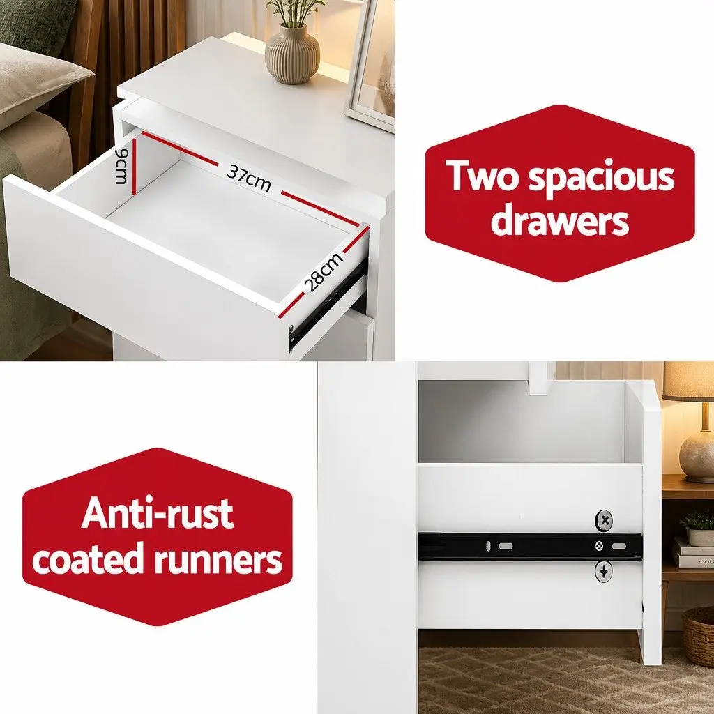 White Bedside Table with LED Storage and Drawers