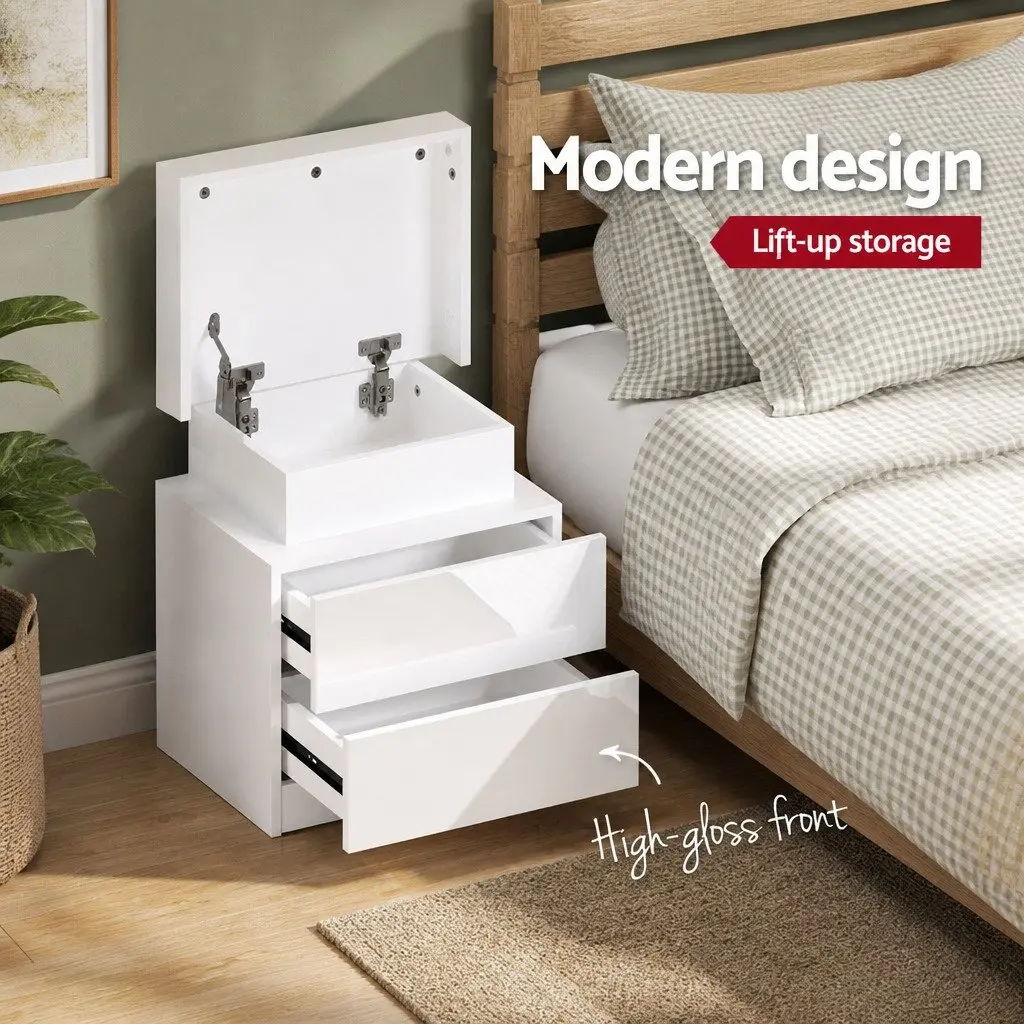 White Bedside Table with LED Storage and Drawers