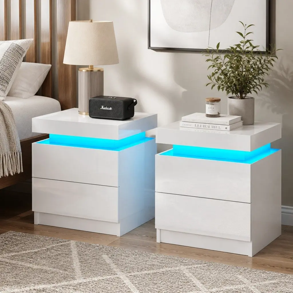 White Bedside Table with LED Storage and Drawers