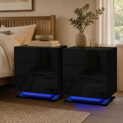 Modern Black Bedside Table with LED and 3 Drawers