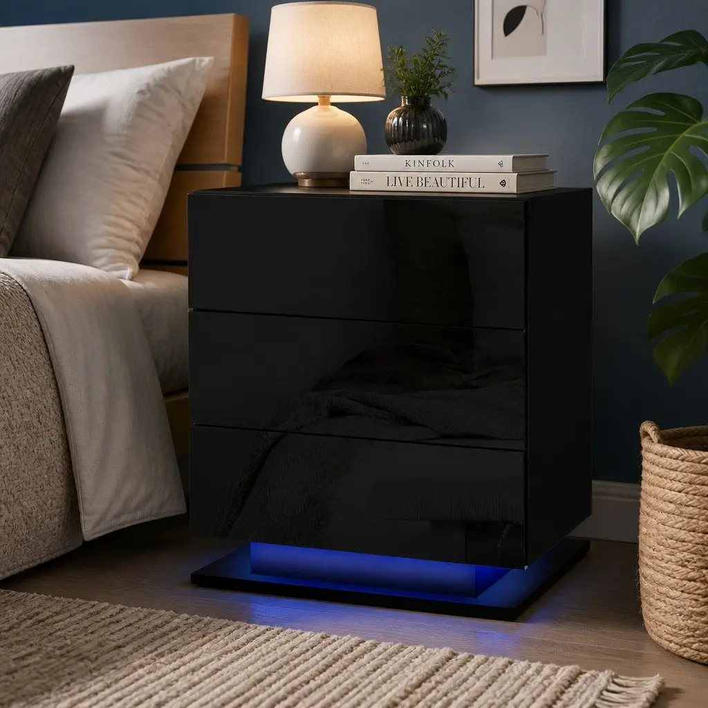 Black Bedside Table with LED and 3 Drawers