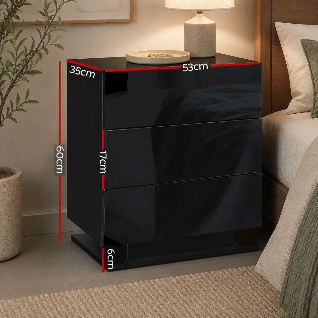 Black Bedside Table with LED and 3 Drawers