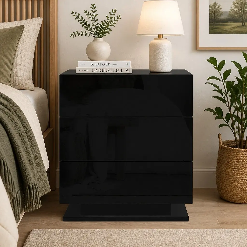 Black Bedside Table with LED and 3 Drawers