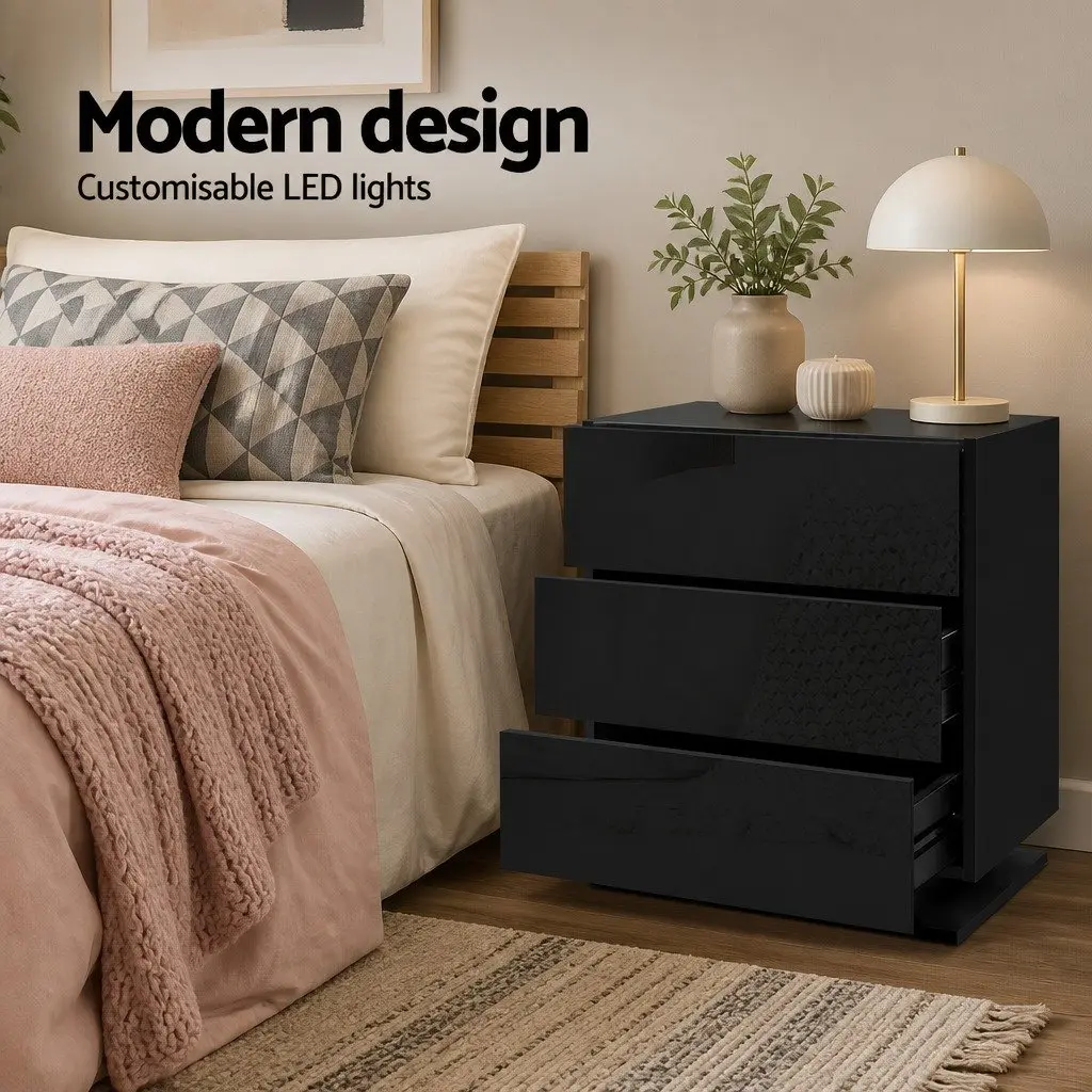 Black Bedside Table with LED and 3 Drawers