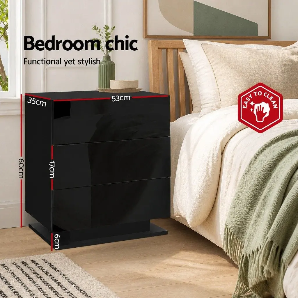 Black Bedside Table with LED and 3 Drawers