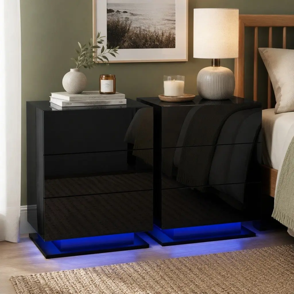Black Bedside Table with LED and 3 Drawers