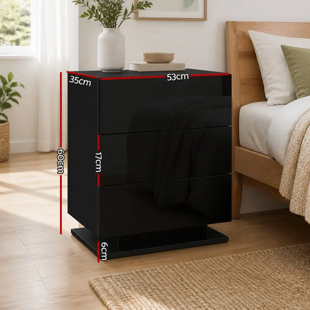 Bedside Table Black Modern 3 Drawers LED Light Storage Furniture