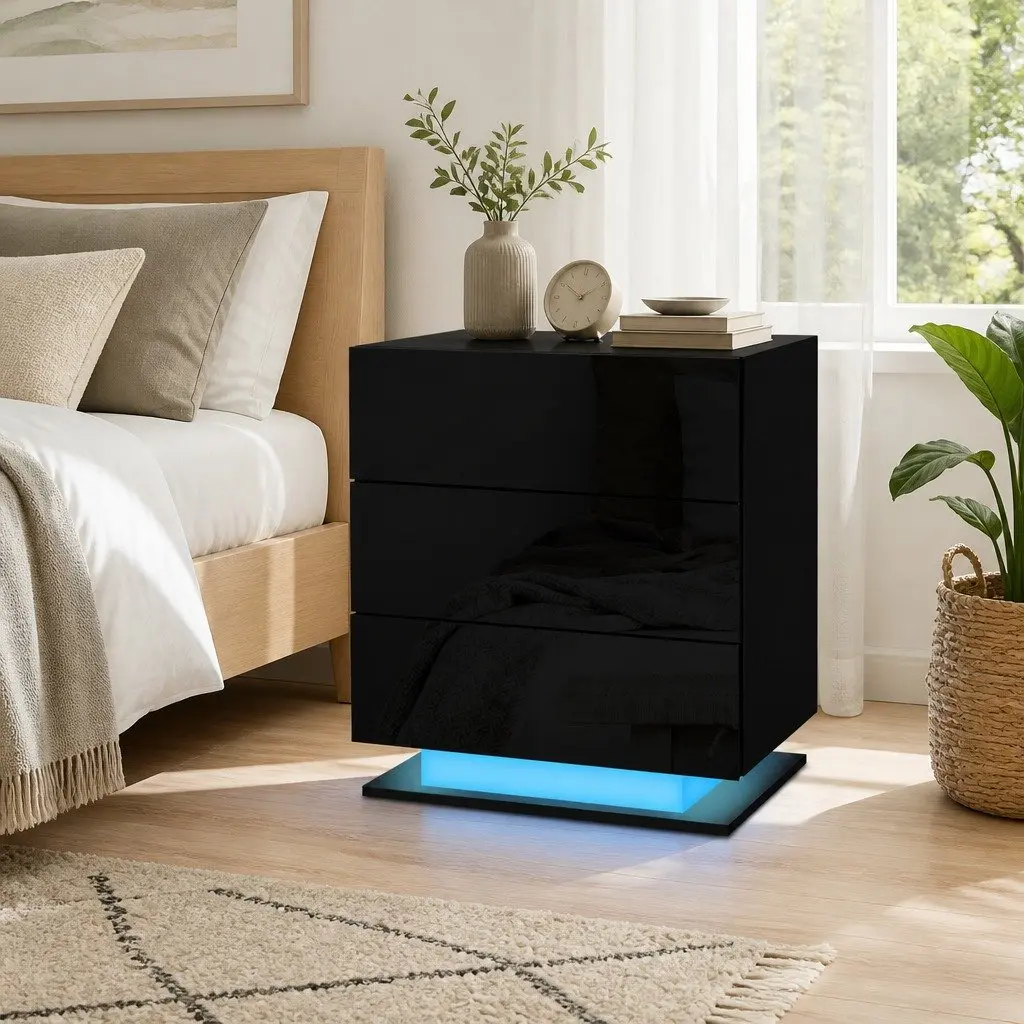 Bedside Table Black Modern 3 Drawers LED Light Storage Furniture
