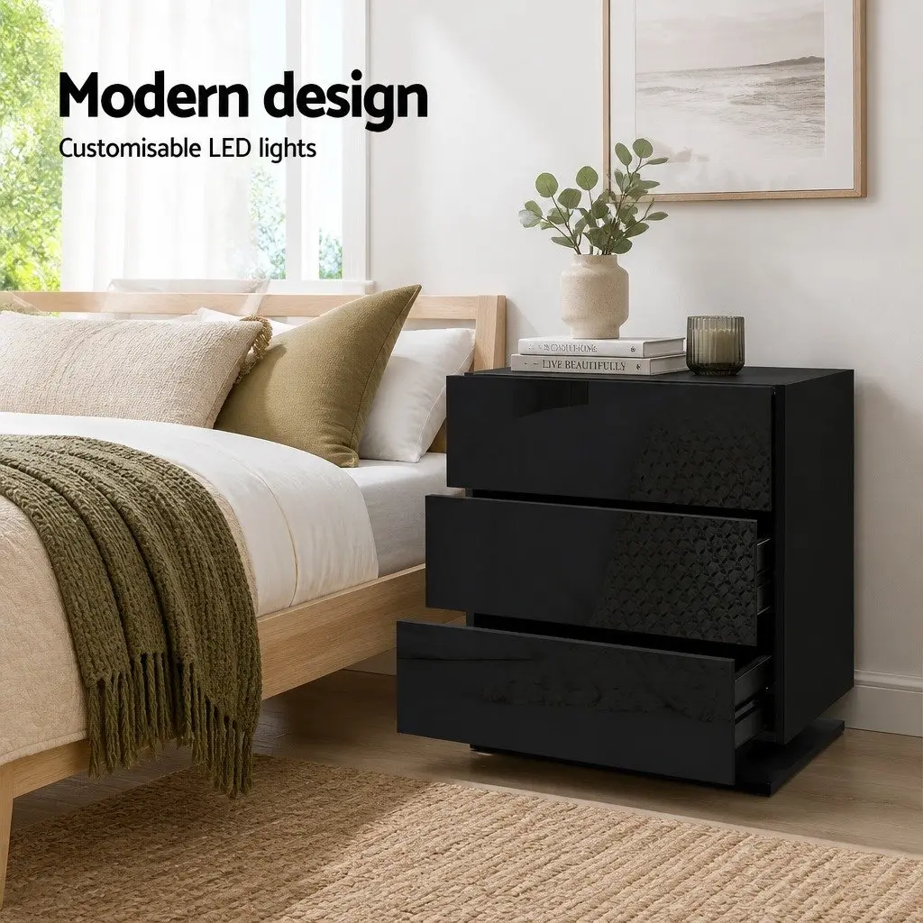 Bedside Table Black Modern 3 Drawers LED Light Storage Furniture