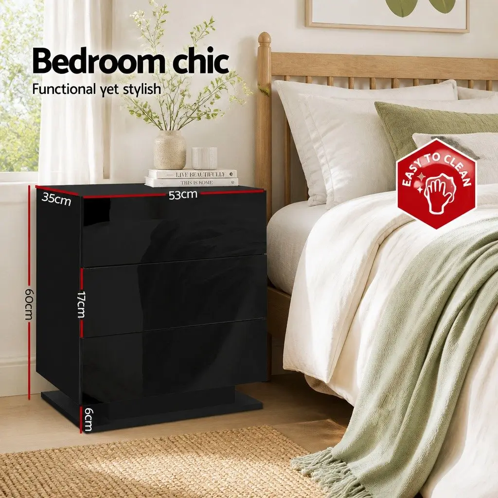 Bedside Table Black Modern 3 Drawers LED Light Storage Furniture