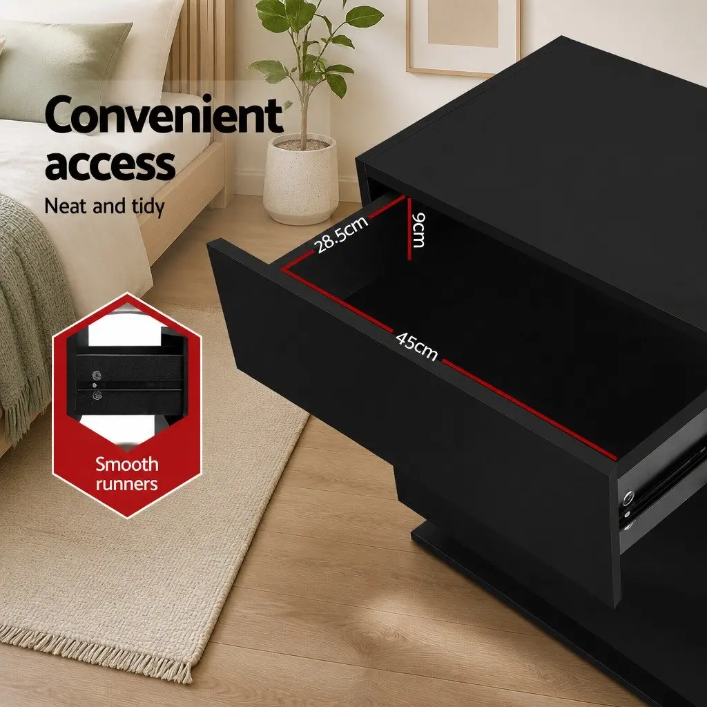 Bedside Table Black Modern 3 Drawers LED Light Storage Furniture