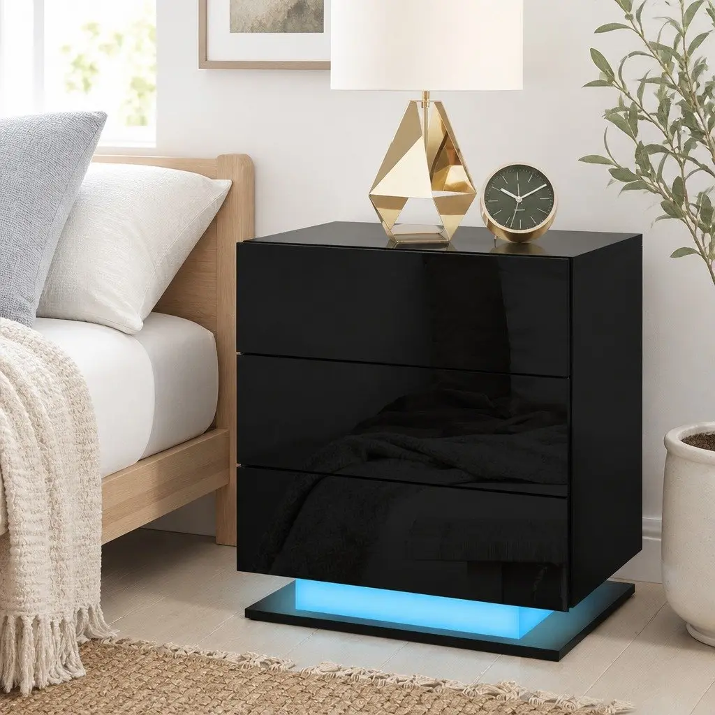Bedside Table Black Modern 3 Drawers LED Light Storage Furniture