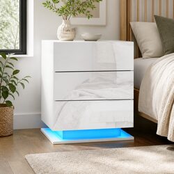Bedside Table with LED Lighting 3 Drawers White Modern Bedroom Nightstand