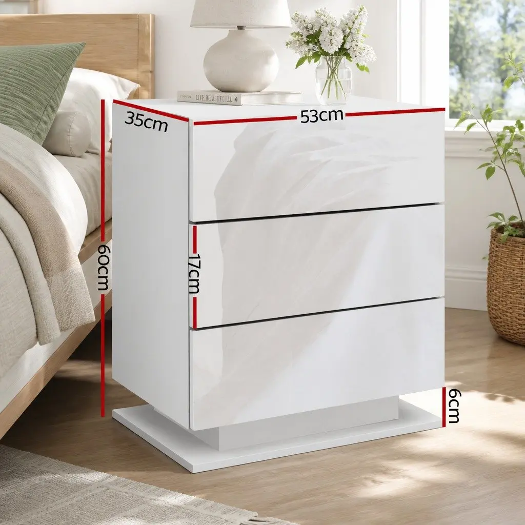 Bedside Table Modern White 3 Drawers LED Lighting Particle Board MDF